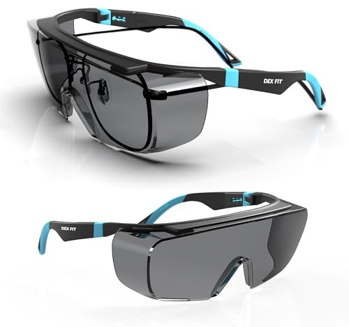 DEX FIT SG210 OTG │ Occhiali di sicurezza; protezione degli occhi Z87, anti-appannamento e antigraffio, regolabili, unisex, con protezione UV (montatura nera e blu, lenti oscurati)