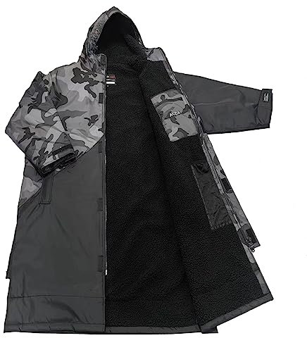Wasserdichter Oversize-Bademantel, für Erwachsene, winddicht, mit Kapuze, Surfen, Poncho, Mantel, Badetuch – Schwimmen, Surfen, OCR-Events – lange Ärmel, Cam, Schwarz/Schwarz, S