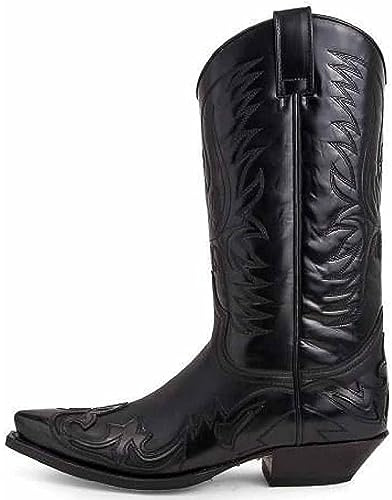 DJFOG Bottes de Chevalier pour Hommes, Bottes de Motard brodées, Bottes Hautes Vintage, Style Cowboy Occidental, Bottes de Moto à Bout Pointu,Noir,43 EU