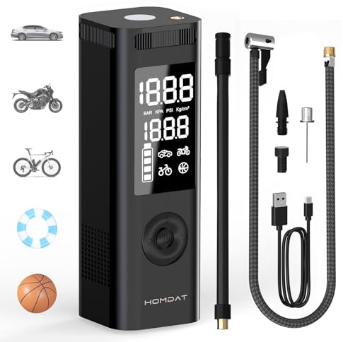 homdat Elektrisk luftpump med 7 800 mAh batteri, bärbar 150PSI/10,3bar cykelpump med LCD-skärm, kompakt 12 V luftkompressor för bildäck, cyklar, motorcyklar, basketboll, svart