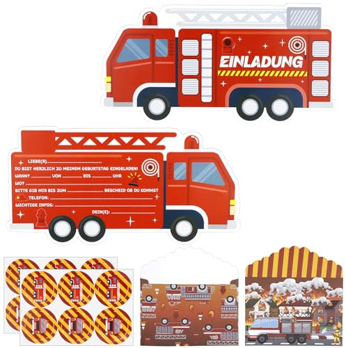 12 Stück Feuerwehr Einladungskarten, Feuerwehrauto Kindergeburtstag | Feuerwehrauto Einladungskarten mit Umschläge, Partyeinladungen, Einladung Kindergeburtstag Junge