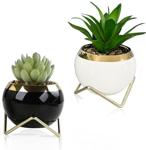 YIRADIS STORES Set of 2 Artificial Succulents in Ceramic pots with Elegant Iron Frames and Delicate Flowers - Elevate Your Space with a Stunning Fake Plant Arrangement for Stylish Home Decor