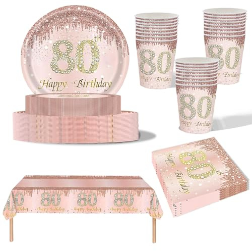 69Pcs Rose Gold 80th Birthday Party Tableware,Pink 80th Birthday Tableware Set with 32P Paper Plates,20P Napkins,1P 80th Table Cloth,16P Paper Cups for Women Her Birthday Party Table Decoration