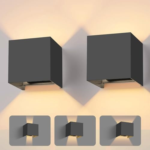 vatato 2 Stück LED Wandleuchte 12W, Innen/Aussen Aluminium Wandlampe Einstellbarer Lichtstrahl, 3000K Warmweiß Außenwandleuchte IP54 für Wohnzimmer Schlafzimmer Garten (Dunkelgrau)