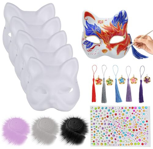 ZONBBEE 5 Stück Katzenmaske mit Quasten Glöckchen Pelz Edelstein Aufkleber, Weiße Cat Mask Bemalen Katzen Maske,Blank Katzen Masken Geeignet für DIY Maskerade Cosplay Halloween Karneval Party