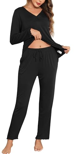 Wikoan Dampyjamasset, varm 2 delar V-ringad långärmad mjuk pyjamasöverdel med ficka, pyjamasset, S-XXL, Svart, S