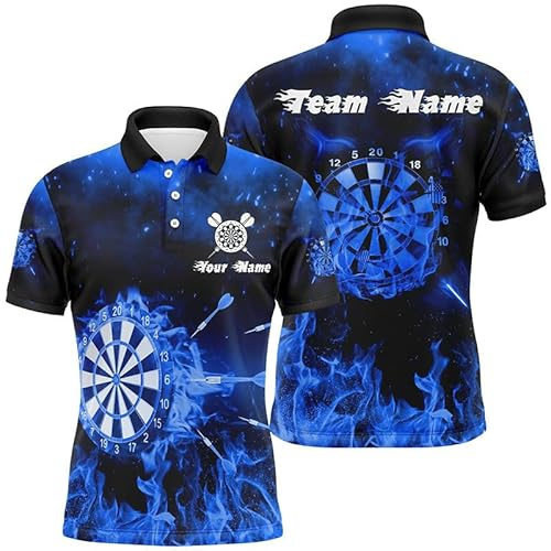 Personalisierte Herren Darts-Polos & Quarter-Zip-Shirts Blau mit Feuerflammen - Individuelle Dart-Trikots für Männer & Frauen L1233