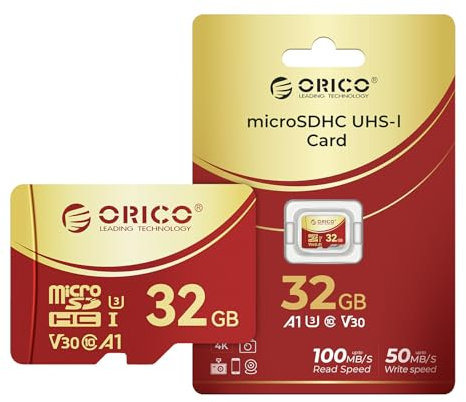 ORICO Tarjeta de memoria F3 microSDXC UHS-I de 32 GB, 100 MB/s, recodificación 4K UHD, U3, Clase 10, V30, A1, Micro SD para cámara de acción, cámara de salpicadero, tarjeta TF