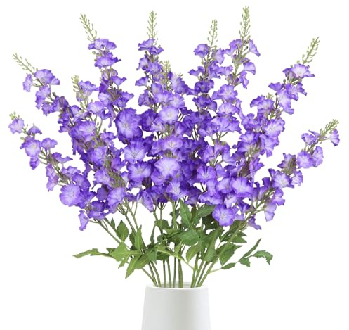 ICBOX 6PCS Long Stem Delphinium Artificial Flowers 38.2'' Morning Glory Purple Artificial Silk Flowers with Stems for Tall Vase Home Wedding Party Decor(Purple)