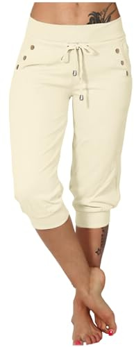 Ventes Flash Pantacourt Femme Été Coton Cargo d'été 3/4 Long Capri Pantalon avec Poches Ete Ample Pantalon de Yoga Pilattes Jogging Pantalons Décontracté Pantacourt Grande Taille Pas Cher Cadeau