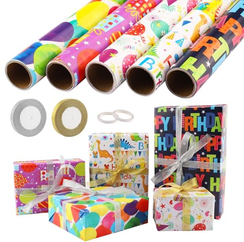 Foydream presentpapper för barn, 5 rullar presentpapper födelsedag 43 cm x 300 cm packpapper rulle återvinningsbar för vuxna flickor fest påsk jul