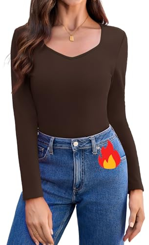 Aottori Maglia Termica Donna con Scollo a V Maglietta a Maniche Lunghe Fodera in Pile Basic Tops Slim Fit Maglione Tinta Unita Casual Sottogiacca Intimo Marrone S