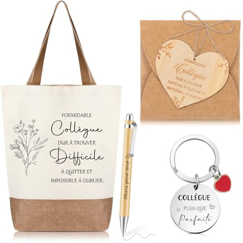 Xuniea 6 Pièces Set Cadeaux Départ Collègue de Travail Sac Cabas en Coton Lin Cadeau d'Adieu Retraite Noël Carte de Bois en Forme Coeur Stylo à Bille Porte Clef Merci(Le hasard a fait des Collègues)