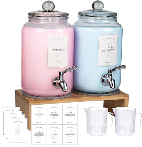 2 Pack Glass Laundry Detergent Dispenser,Sturdy glass Fabric Softener Dispenser With Leak Proof Pump,Reusable Container & Bamboo Stand-108Oz Big Laundry Soap Container For Washer Room Organization (2)
