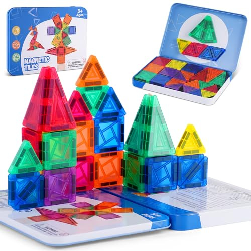AOOSA Construction Magnetique Enfant, 42 Pièces Voyage tuiles magnétiques, Jeux Magnetique Enfant avec Boîte Rangement Métal Portable, Mini Briques magnétiques pour 3 + Ans garçons Filles