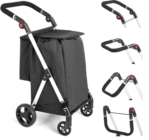 LEUYA ABC Grocery Trolley, 4 Wheel Shopping Trolley with Insulated Cooling Bag, 46L Aluminium Shopping Cart, Folding Shopping Trolley (Black)