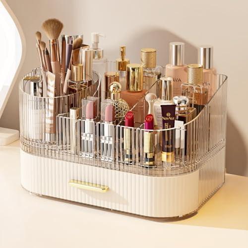 Makeup Organizer with 360° Rotating Brush Holder and Stackable Drawers, Cosmetic Display Case for Vanity, Bathroom Countertop (White, 2 Layer)