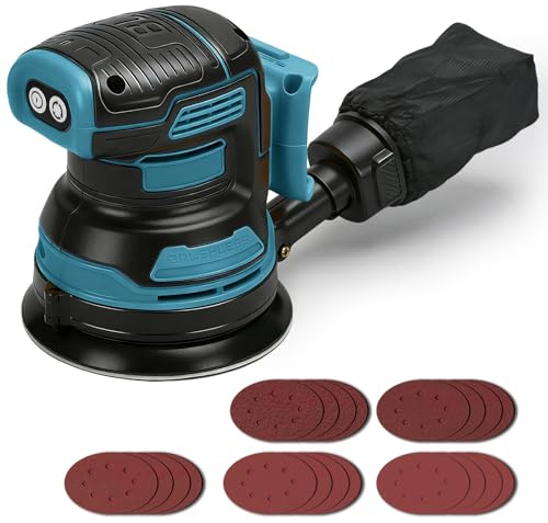 Ponceuse excentrique sans fil compatible avec Makita 18V batterie (non batterie), 125 mm ponceuse électrique sans balais avec 4000-8000 tr/min, 3 vitesses, 21 feuilles de papier et sac à poussière