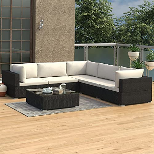 QJBSAVVA 6-TLG. Schwarz Gartenmöbel-Set aus PE-Rattan 70 x 70 cm Sofamodule mit gehärtetem Glas-Tisch Modern und langlebig für Balkon Garten Terrasse und kleine Outdoor-Flächen