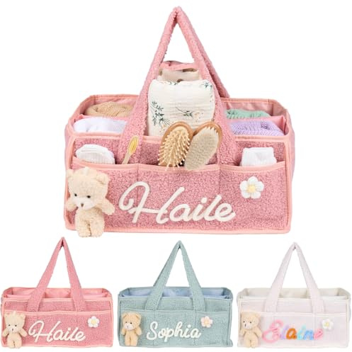 Personalized Baby Diaper Caddy Organizer with Name, Custom Foldable Changing Table Basket for Boy Girl, Car Travel Baby Portable Storage Handle Bag, Newborn Essentials Gift for Baby Shower, Birthday