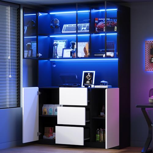 Kelodan Vitrina de vidrio iluminada con LED 120×40×200 cm–Vitrina de vidrio templado con estantes abiertos,TRES cajones y dos puertas.UN armario versátil, adecuado para sala de estar y comedor