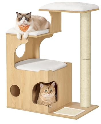 Feandrea Kratzbaum, 88 cm hoher Katzenbaum, mit Höhle und Liegeflächen | Spanplatten-katzenbaum, Säule und Sisal-Kratzmatte, waschbare Plüschkissen, mandelgelb, CAEN Kollektion PCT070Y101