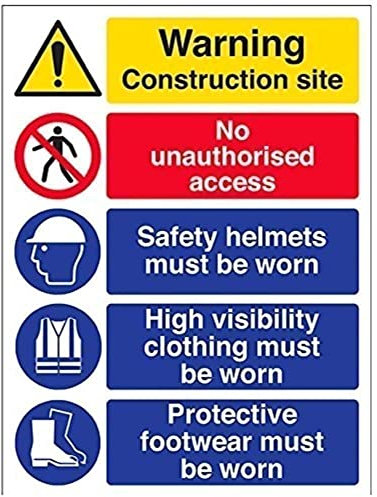 V Safety 6C018BC-R Multi Hazard Site Safety High Viz Warning Sign - Portrait - 300mm x 400mm - 1mm Rigid Plastic, Black/Blue/Red/Yellow