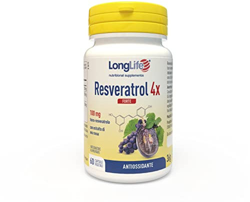 LongLife® Resveratrol 4x Forte | Trans-resveratrolo puro (Veri-te®) e uva rossa | 4 volte più forte | Cuore e circolazione | 60 capsule | Vegano e senza glutine
