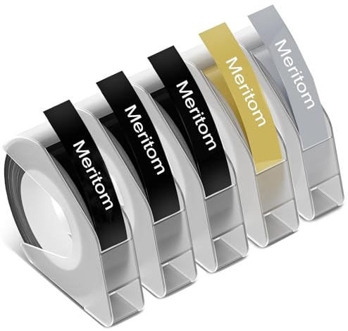5X Prägegerät Etiketten kompatibel mit Dymo Prägeband 9mm Schwarz/Weiß/Gold, kompatibel mit Dymo Omega Etikettenband Schwarz, für 3D Schriftbänder für Omega Junior Prägegerät
