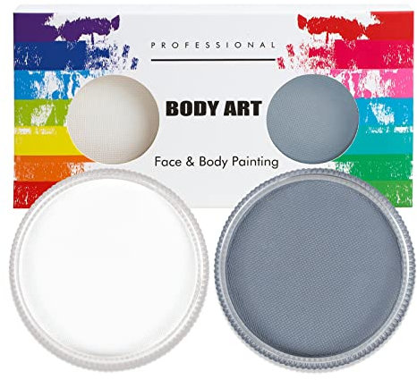 Profi-Schminke Fasching Set, Wasservermalbar 30g x 2 Colors Größere Schminkfarben, Faschingsschminke für Halloween, Fasching oder Verkleidungsparty, Weiß + Grau