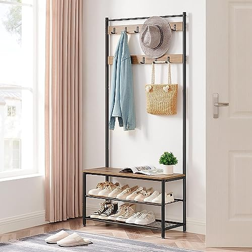 ACAZA 3-in-1 Garderobenständer mit Bank & Schuhregal – Flurmöbel aus Metall und Holz – Kleiderständer mit Sitzbank – 85 x 32 x 175cm - Eschenholz