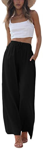Faleave Women's Cotton Linen Summer Palazzo Pants Flowy Wide Leg Beach Trousers with Pockets(Black-L)