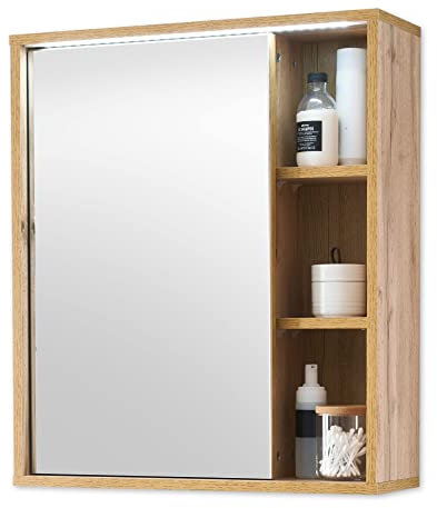 Stella Trading Spiegelschrank Bad mit LED-Beleuchtung in Wotan Eiche Optik - Badezimmerspiegel Schrank mit viel Stauraum - 60 x 70 x 20 cm (B/H/T)