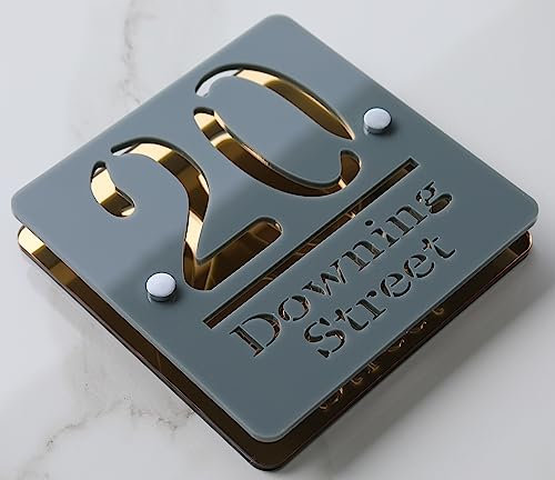 Prime Large Laser Cut House Signs 3D/4D Effect Door Number Address Plaques Numbers 180mm x 180mm - Mirror Gold & Grey