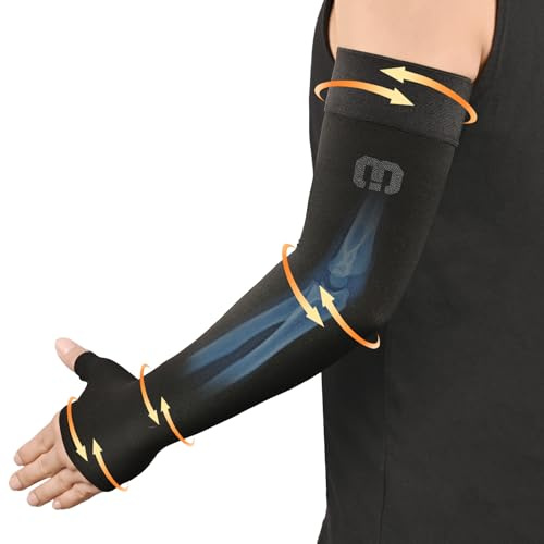 MGANG Medical Compression Arm Sleeve with Gauntlet - 15-20mmHg Graduated Full Arm Support for Lymphedema, Comfortable Arm Brace for Women Men, Edema, Arthritis, Pain Relief, Bursitis, Golf, Black L