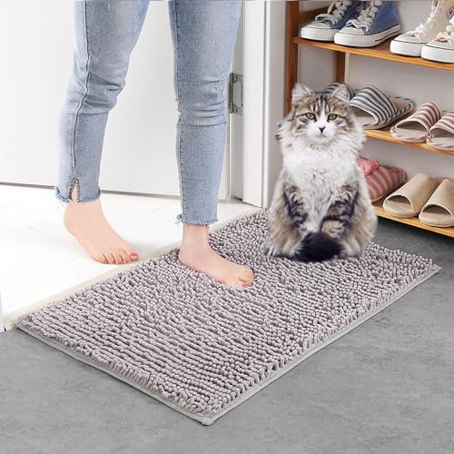 Mateju 2 Piezas Alfombra Baño de Chenilla Shaggy, Alfombrilla Baño Agua Súper Absorbente Alfombra de Baño Antideslizante Alfombras de Ducha de Esponjosa Perros (30x50CM,Gris Claro)