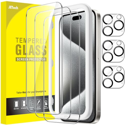 JETech Skärmskydd för iPhone 15 Pro 6,1 Tum med Kameralinsskydd, Bubbelfri, Enkelt Installation Verktyg, Screen Protector Härdat Glas Film, HD Klar, 3-Pack Varje