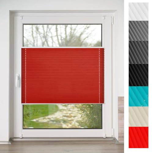 Plissee Rollo Klemmfix ohner Bohren 90 x 150 cm Blickdicht - Sichtschutz - Sonnenschutz Plissees für Fenster 2 Bedienschienen aus Aluminium für Wohnzimmer, Rot
