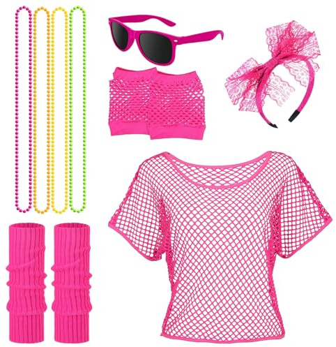 SOETDERT 80er Jahre Outfit Damen Set, 90er Jahre Accessoires Kleidung, Aerobic Outfit Kostüm Netzshirt, Beinwärmer,Stirnband, Halskette, Retro Neonrosa Fasching Party Karneval Kostüm Zubehör (B)