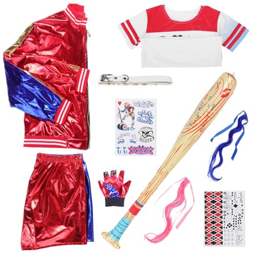 Alaiyaky Juego de disfraz, disfraz de Harley para mujer, con chaqueta, camiseta, pantalones cortos, guantes, peluca, cinturón, medias de red, globo, tatuaje, disfraz de Joker para mujer, para carnaval