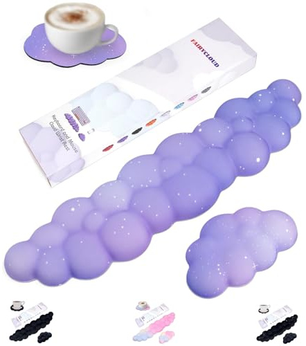 LJYZMD Cloud Wrist Rest Set for Keyboard and Mouse, Includes Cute Coaster, with Computers and Laptops（Purple Star Set）