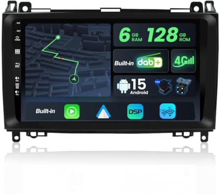 BXLIYER -Built-in DAB / 4G- 6G+128G - Android 15 Car Stereo For Benz W169 W245 B160 B170 B180 B200 W639 Vito Viano W906 - Wireless Carplay/Android Auto - Camera + MIC - 9 Inch QLED 2 Din - SWC 360-CAM