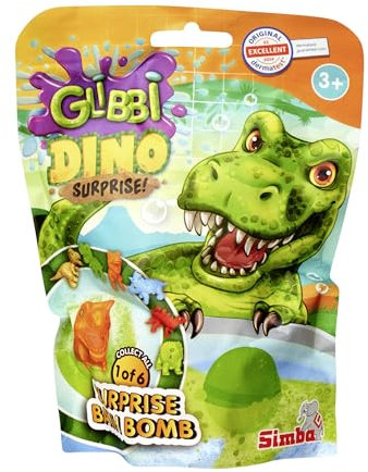 Glibbi Dino Surprise Bomba de baño en 1 de 3 colores (azul, verde, naranja) con sorpresa, 1 de 6 figuras, 100 g, diversión en el baño a partir de 3 años