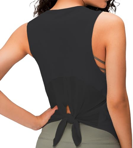 Attraktiva damsporttanktoppar ärmlös funktionell topp löpartröja, med crew-hals, andas mesh tillbaka lätt för yoga fitness jogging löpning workout gym träning, svart, XL