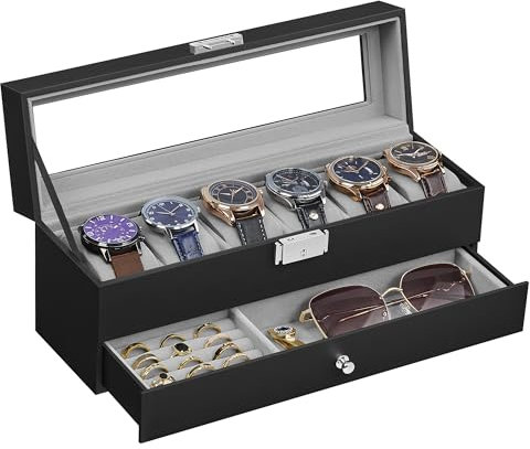 SONGMICS Watch Box, Watch Case with Glass Lid, 2-Tier Watch Display Case for 6 Watches, Lockable, 1 Drawer, for Rings, Bracelets, Gift Idea, Black Synthetic Leather, Grey Lining JWB060G01
