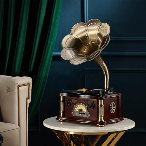 MTTXY Vintage Gramophone, Vinyl Record Player and Old Style Phonograph with Copper Horn - Built-in Speaker/USB/FM Radio for Living Room,Brown