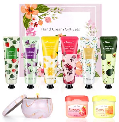Crema Mani Regalo, 6 Mini Creme Mani Profondamente Idratanti per Donna, Set Regalo Naturale per Pelle Molto Secca, Crema Mani Regalo di Natale, con oli per labbra e candela