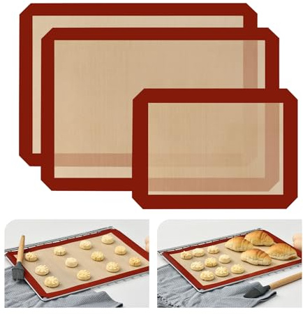 KitchenRaku 3-Pack Silicone Baking Mat, (16.5x11.6) 2 Half Sheets + 1 Quarter Sheet Reusable Silicone Baking Sheets for Oven, BPA Free Nonstick Bakeware Mats for Cookies, Macarons and Pastry