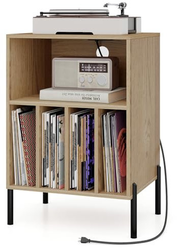 COSTWAY Plattenspieler-Ständer mit Ladestation, Vinylplatten Plattenspielertisch mit Regal & 4 Trennwänden & Metallbeinen, Schallplattenständer Beistelltisch, Wohnzimmer Büro, 53x45x78,5cm (Natur)