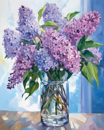Malen nach Zahlen blaues Flieder für Erwachsene,Blumen in einer Glasvase, DIY Acryl Gemälde Kit für Anfänger, Malen nach Zahlen Set und Leinwand (40 x 50cm),Perfekt für Wohnzimmer und Büro Dekoration
